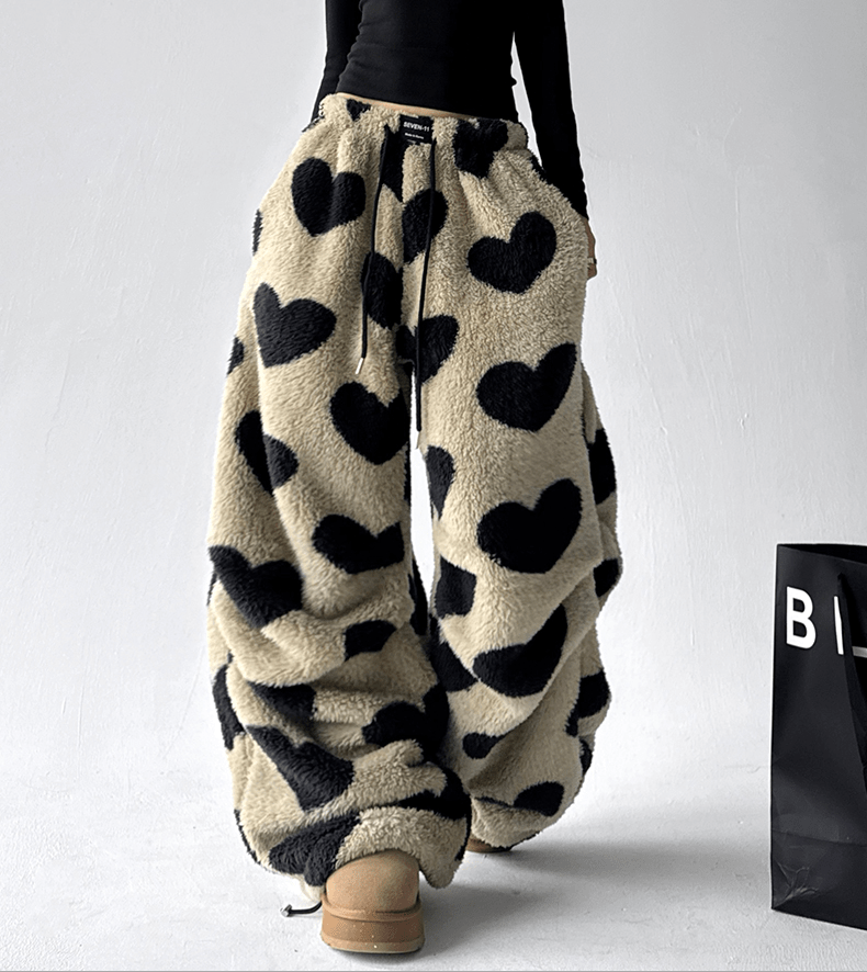 Heart Print Plush Wide - Leg Pants - COPPING THREADS - CT Select
