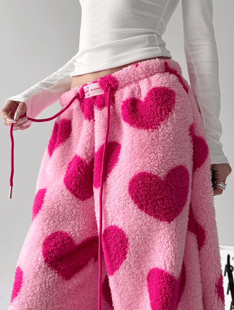 Heart Print Plush Wide - Leg Pants - COPPING THREADS - CT Select