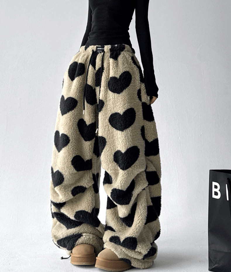 Heart Print Plush Wide - Leg Pants - COPPING THREADS - CT Select