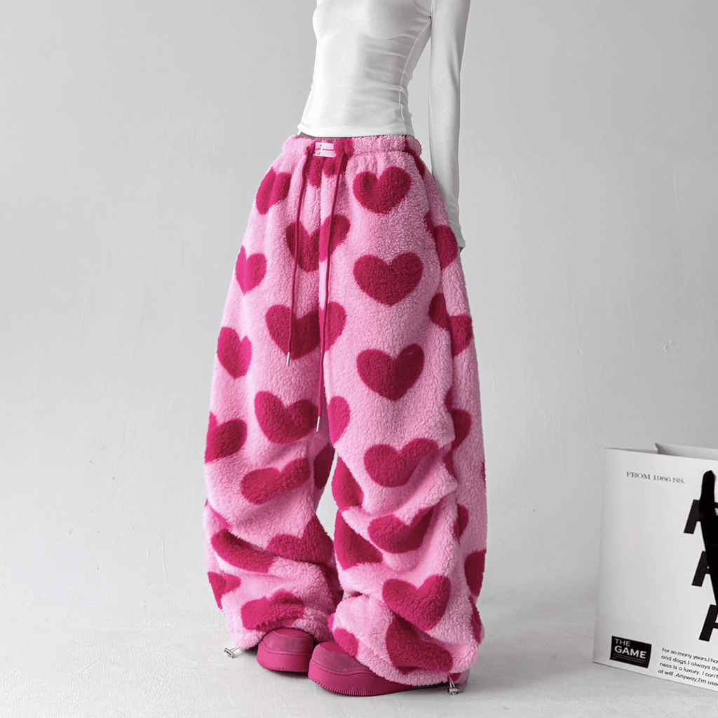 Heart Print Plush Wide - Leg Pants - COPPING THREADS - CT Select