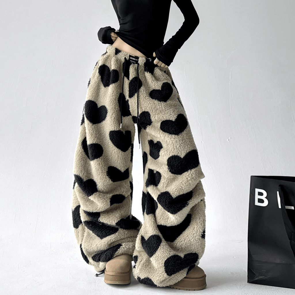 Heart Print Plush Wide - Leg Pants - COPPING THREADS - CT Select