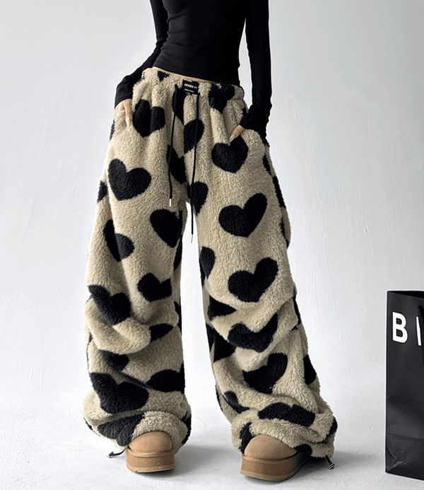 Heart Print Plush Wide - Leg Pants - COPPING THREADS - CT Select