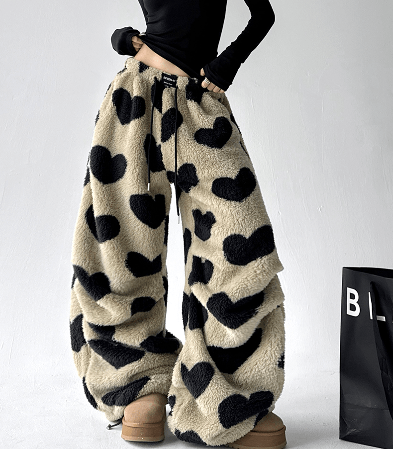 Heart Print Plush Wide - Leg Pants - COPPING THREADS - CT Select