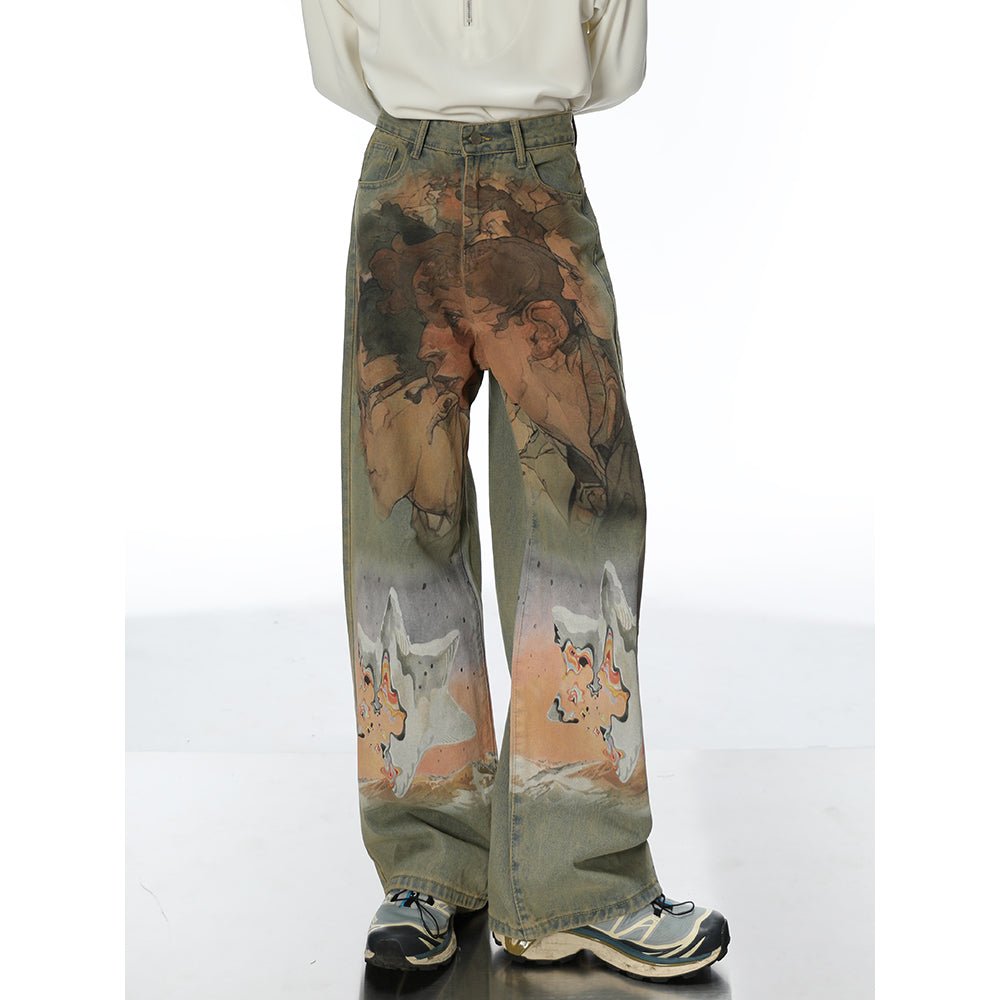 Heavy - Duty Printed Straight - Leg Distressed Denim - COPPING THREADS - CT Select