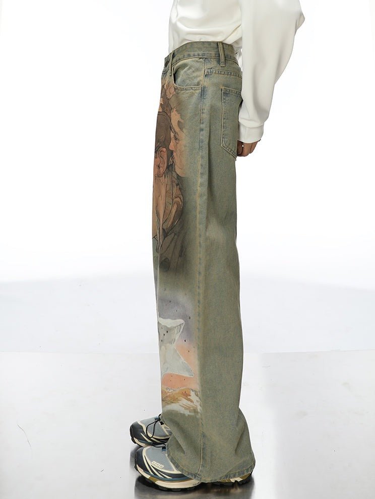 Heavy - Duty Printed Straight - Leg Distressed Denim - COPPING THREADS - CT Select