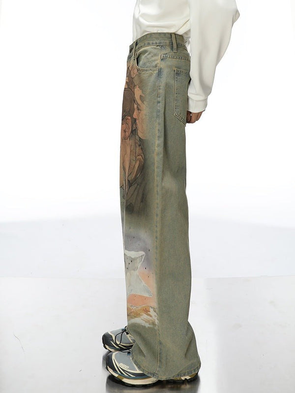 Heavy - Duty Printed Straight - Leg Distressed Denim - COPPING THREADS - CT Select