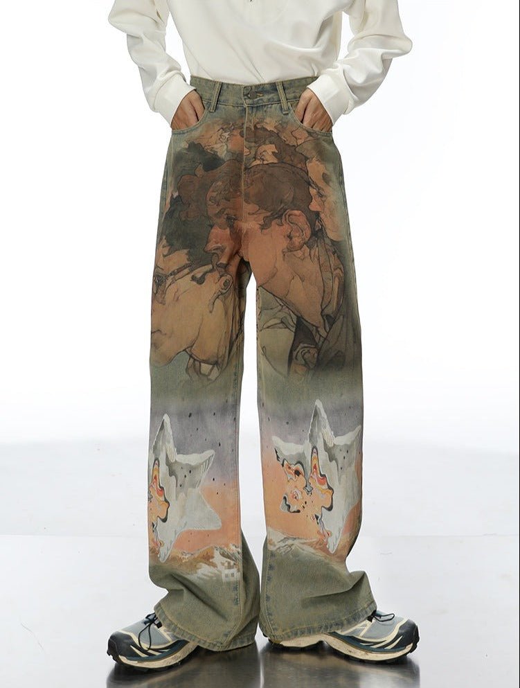 Heavy - Duty Printed Straight - Leg Distressed Denim - COPPING THREADS - CT Select