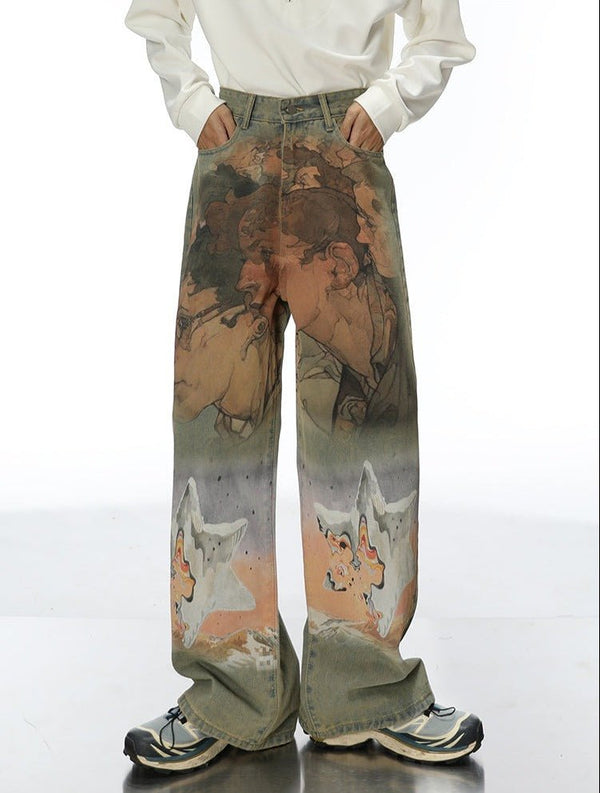 Heavy - Duty Printed Straight - Leg Distressed Denim - COPPING THREADS - CT Select