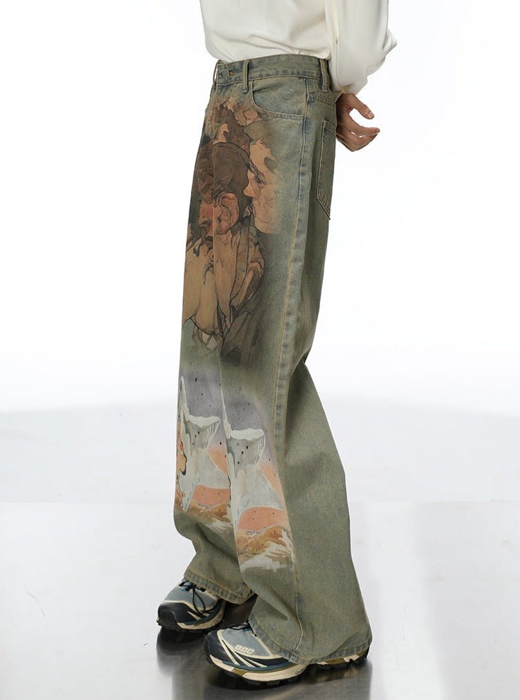 Heavy - Duty Printed Straight - Leg Distressed Denim - COPPING THREADS - CT Select