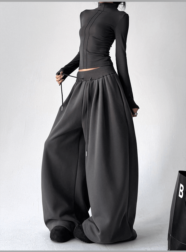 High Waist Fleece Drawstring Wide - Leg Pants - COPPING THREADS - CT Select