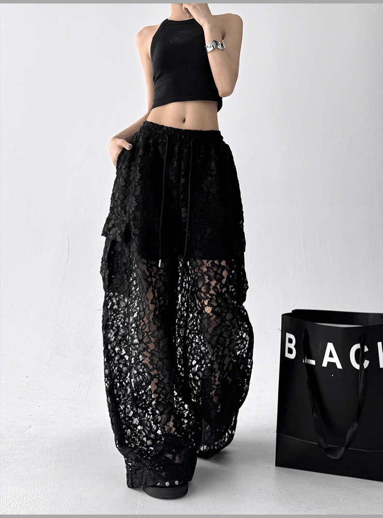 High Waist Lace Floral Hollow Out Wide - Leg Pants - COPPING THREADS - CT Select