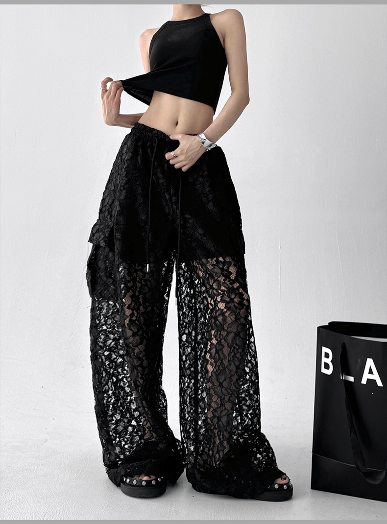 High Waist Lace Floral Hollow Out Wide - Leg Pants - COPPING THREADS - CT Select