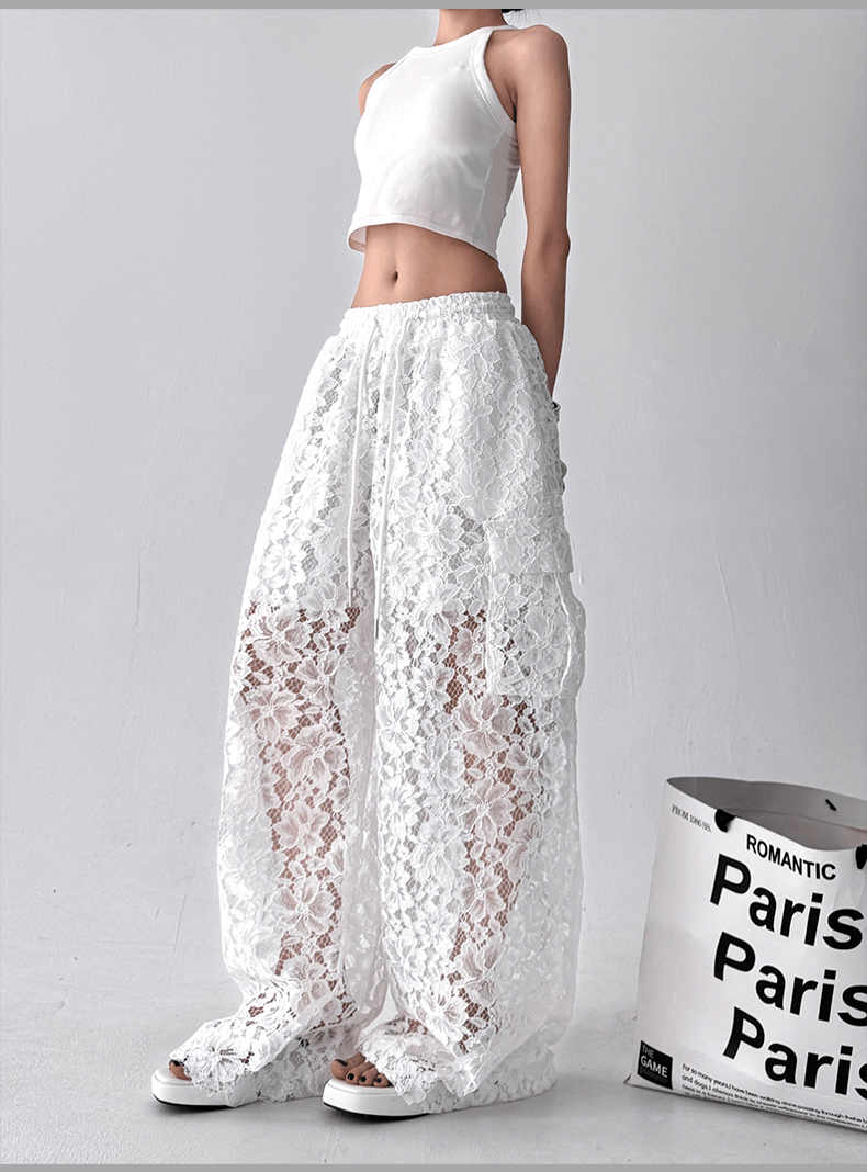 High Waist Lace Floral Hollow Out Wide - Leg Pants - COPPING THREADS - CT Select