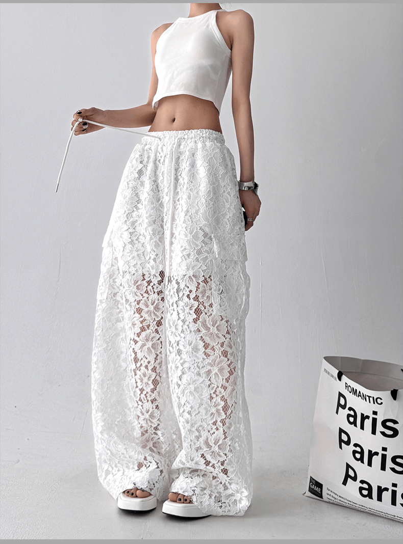High Waist Lace Floral Hollow Out Wide - Leg Pants - COPPING THREADS - CT Select