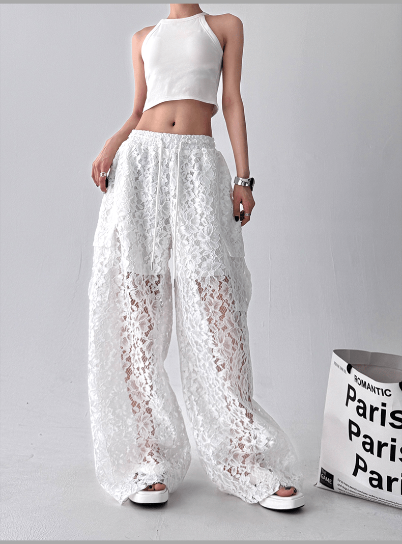 High Waist Lace Floral Hollow Out Wide - Leg Pants - COPPING THREADS - CT Select