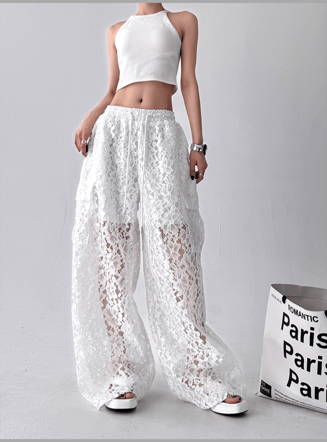 High Waist Lace Floral Hollow Out Wide - Leg Pants - COPPING THREADS - CT Select Hover Image