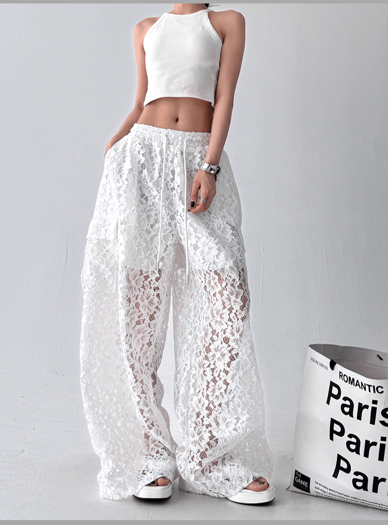 High Waist Lace Floral Hollow Out Wide - Leg Pants - COPPING THREADS - CT Select