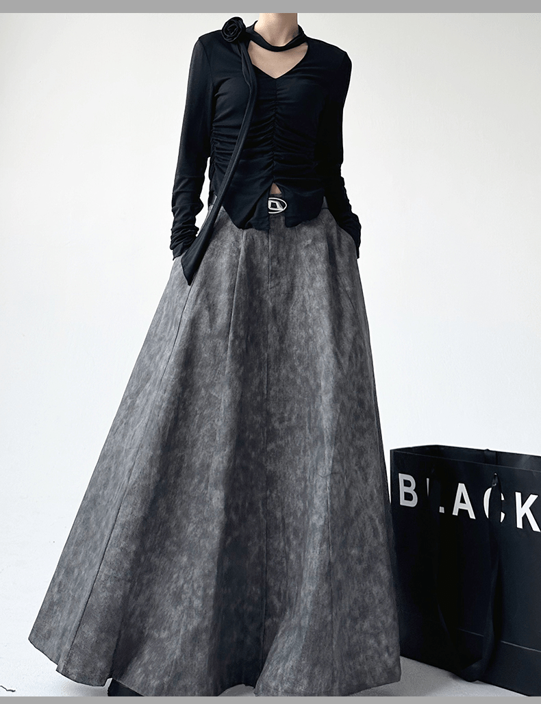 High - Waisted Acid Wash Flared Maxi Skirt - COPPING THREADS - CT Select