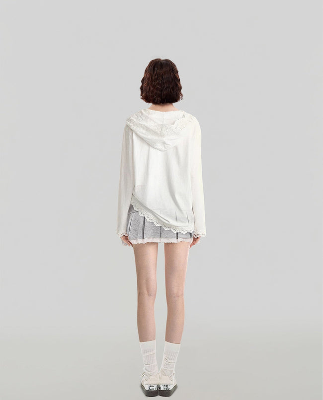 Hooded Lace Trim Long Sleeve Pullover Top Main Image