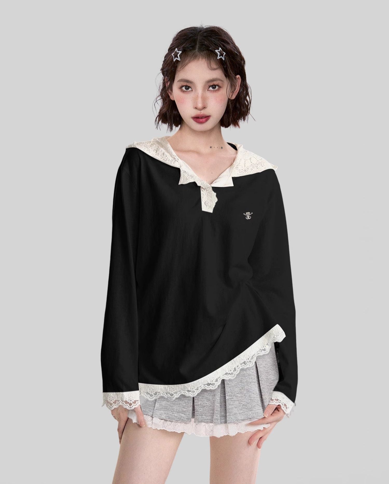 Hooded Lace Trim Long Sleeve Pullover Top - COPPING THREADS - CT Select