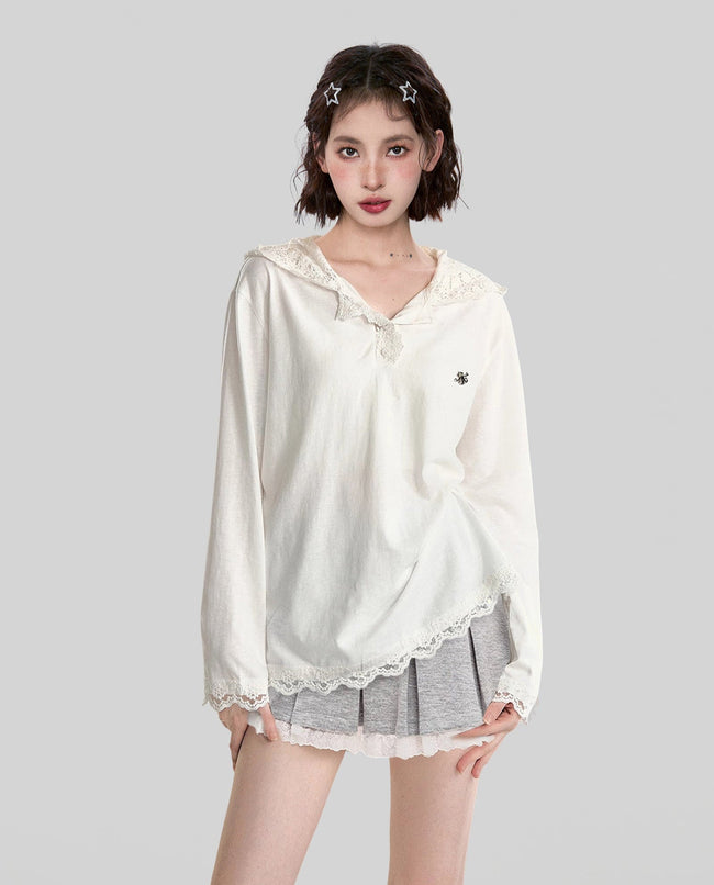 Hooded Lace Trim Long Sleeve Pullover Top - COPPING THREADS - CT Select Hover Image
