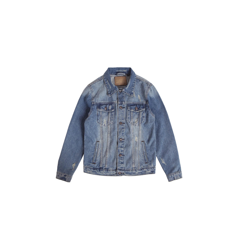 IDLT denim jacket, washed blue front.