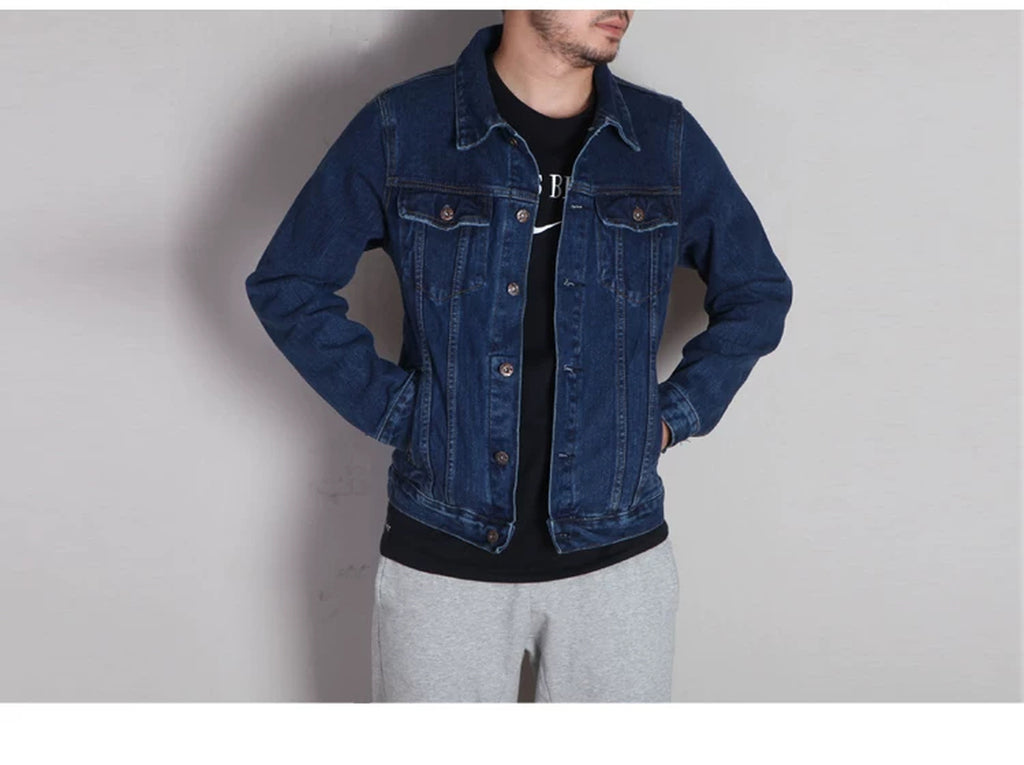 IDLT denim jacket, dark blue front on model.