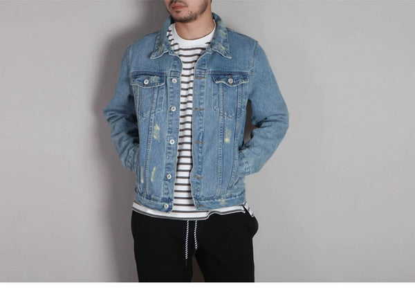 IDLT denim jacket, light blue front on model.