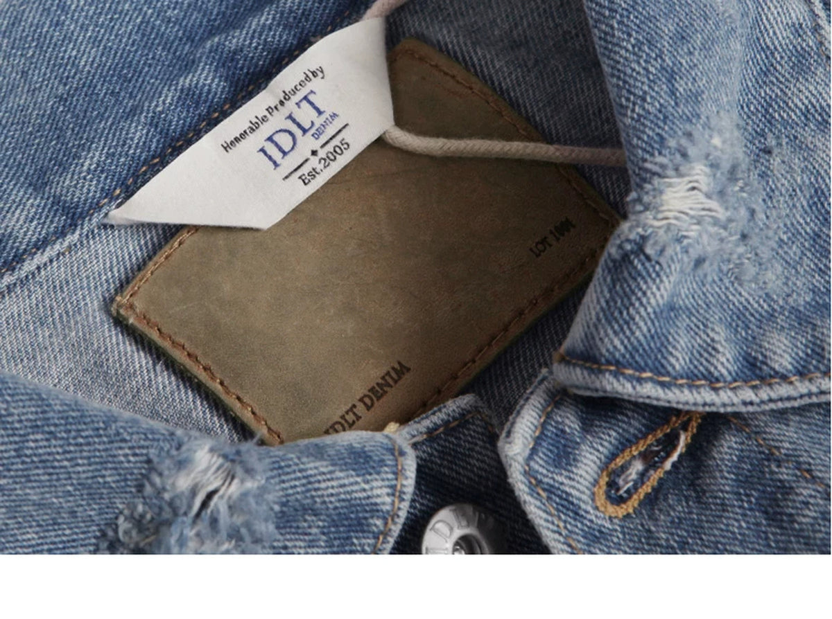 IDLT denim jacket, light blue collar and label.