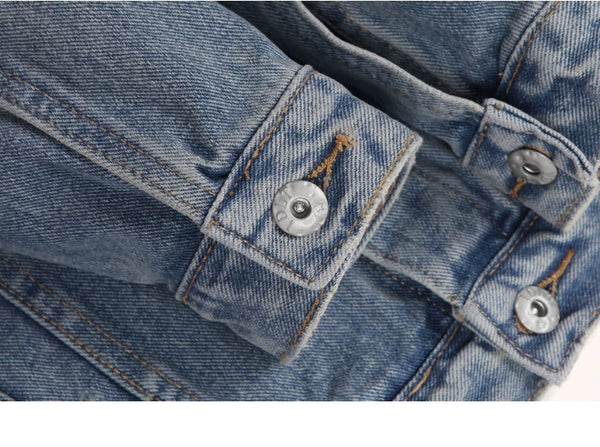 IDLT denim jacket, light blue buttoned cuffs.