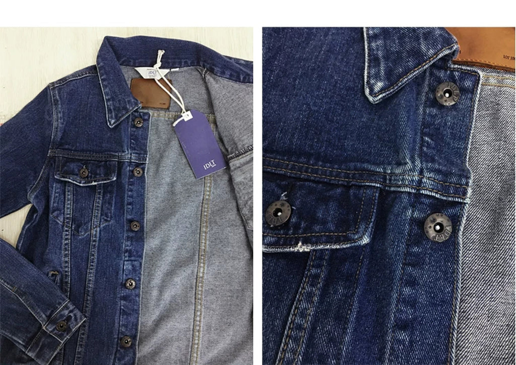 IDLT denim jacket, dark blue collar and chest pocket collage.