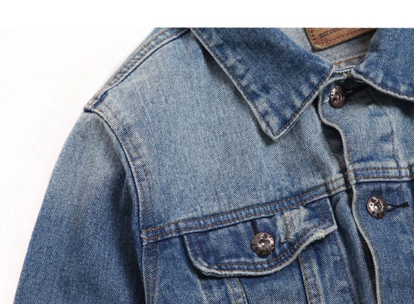 IDLT denim jacket, washed blue collar and chest pocket.