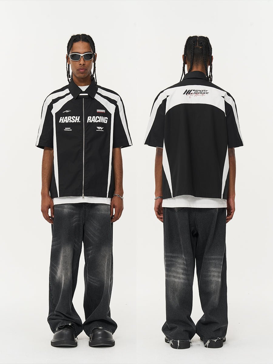 Irregular Patchwork Color Block Racing Short Sleeve Shirt - COPPING THREADS - Harsh and Cruel