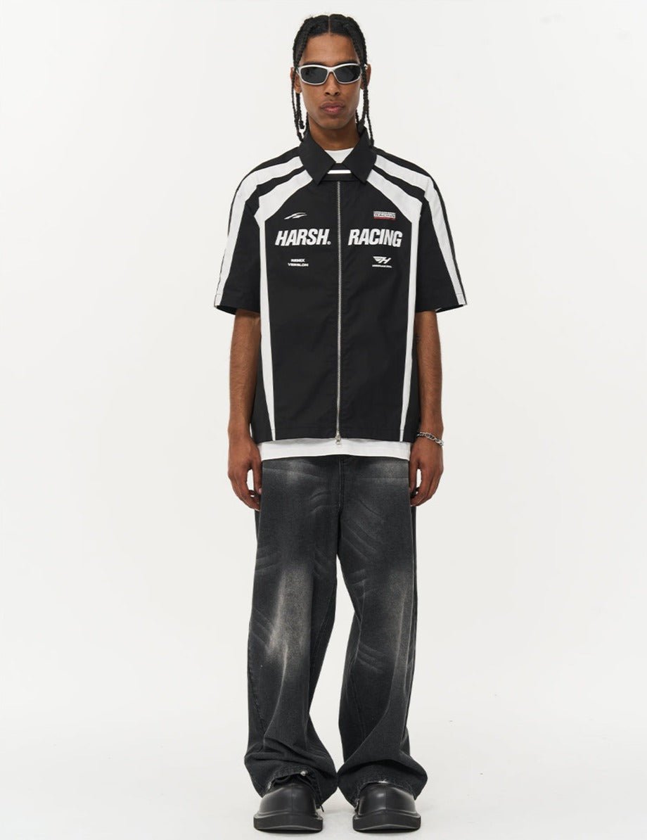 Irregular Patchwork Color Block Racing Short Sleeve Shirt - COPPING THREADS - Harsh and Cruel