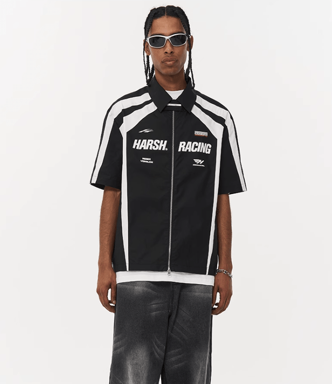 Irregular Patchwork Color Block Racing Short Sleeve Shirt - COPPING THREADS - Harsh and Cruel Hover Image