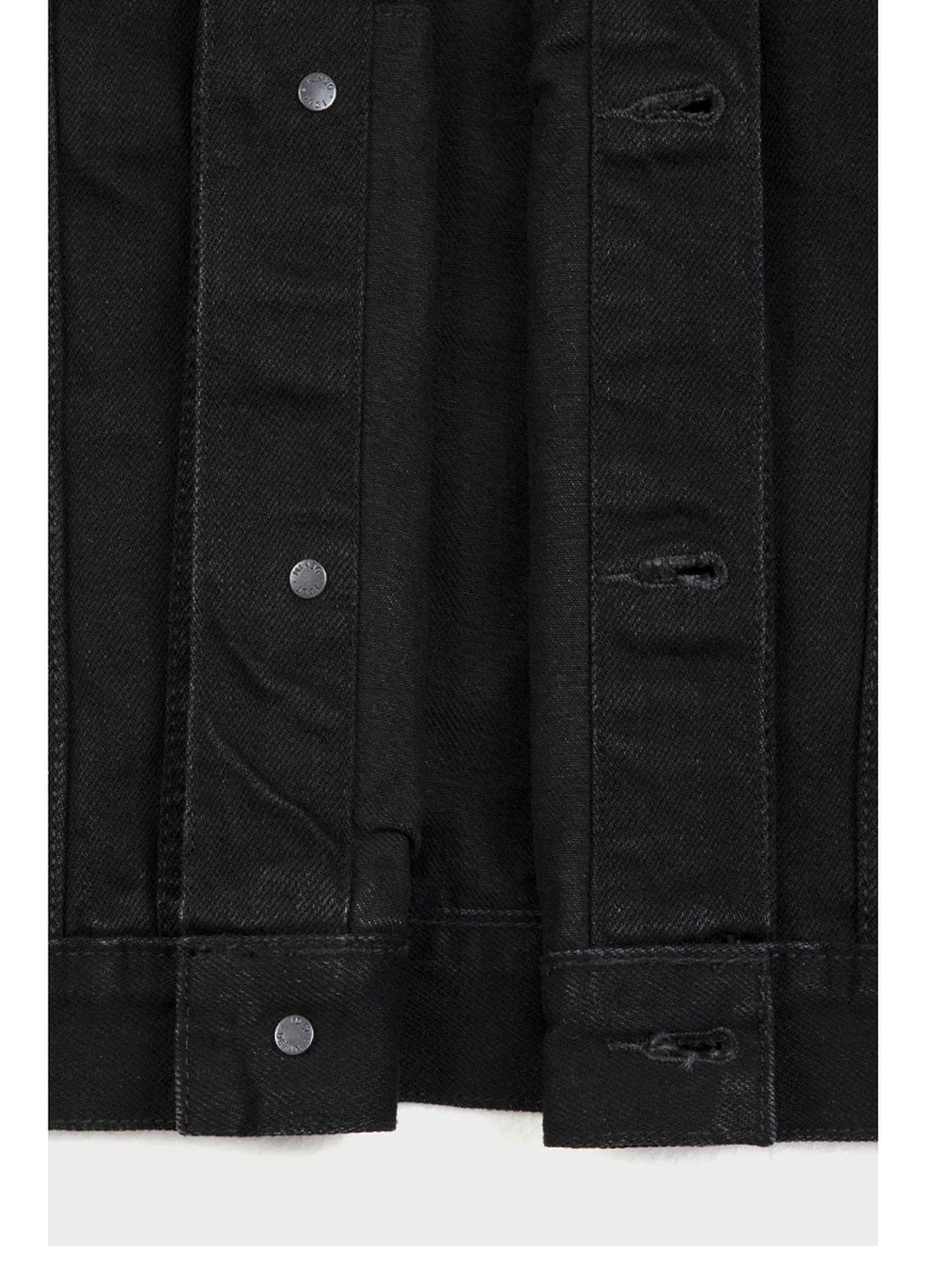 IDLT denim jacket, black lower button placket.