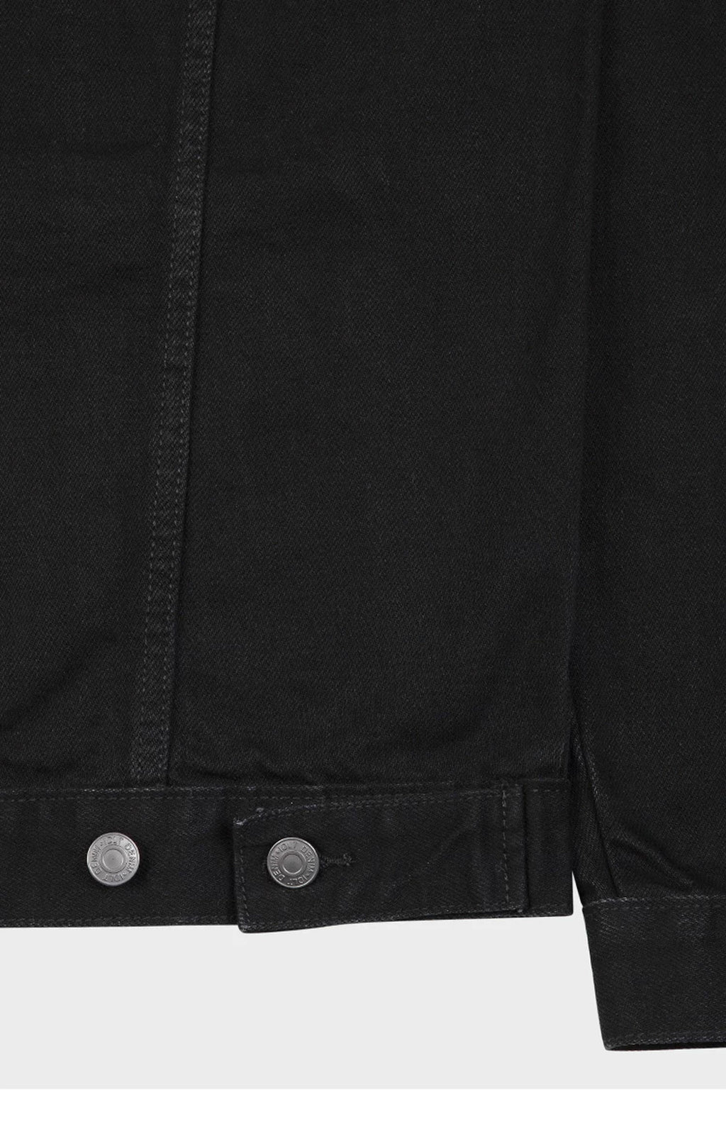 IDLT denim jacket, black hem adjustment tabs.