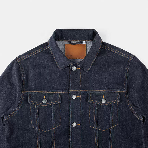 IDLT denim jacket, dark blue collar and chest overview.
