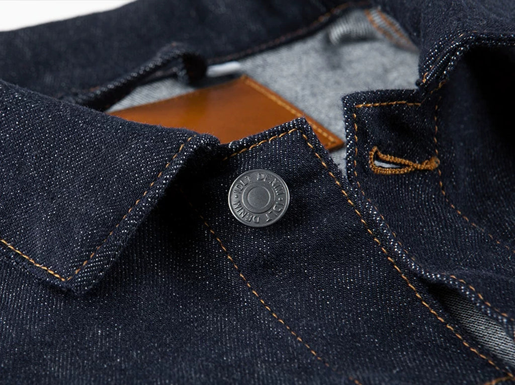IDLT denim jacket, dark blue collar button.