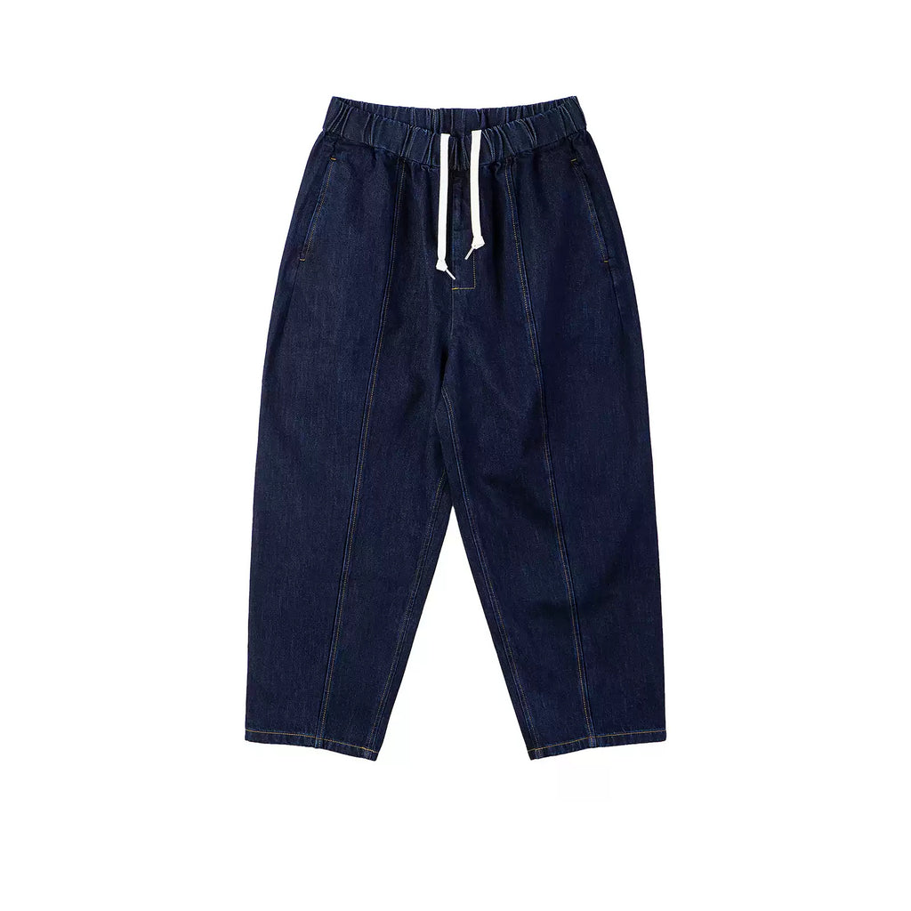 IDLT drawstring jeans, dark blue front.