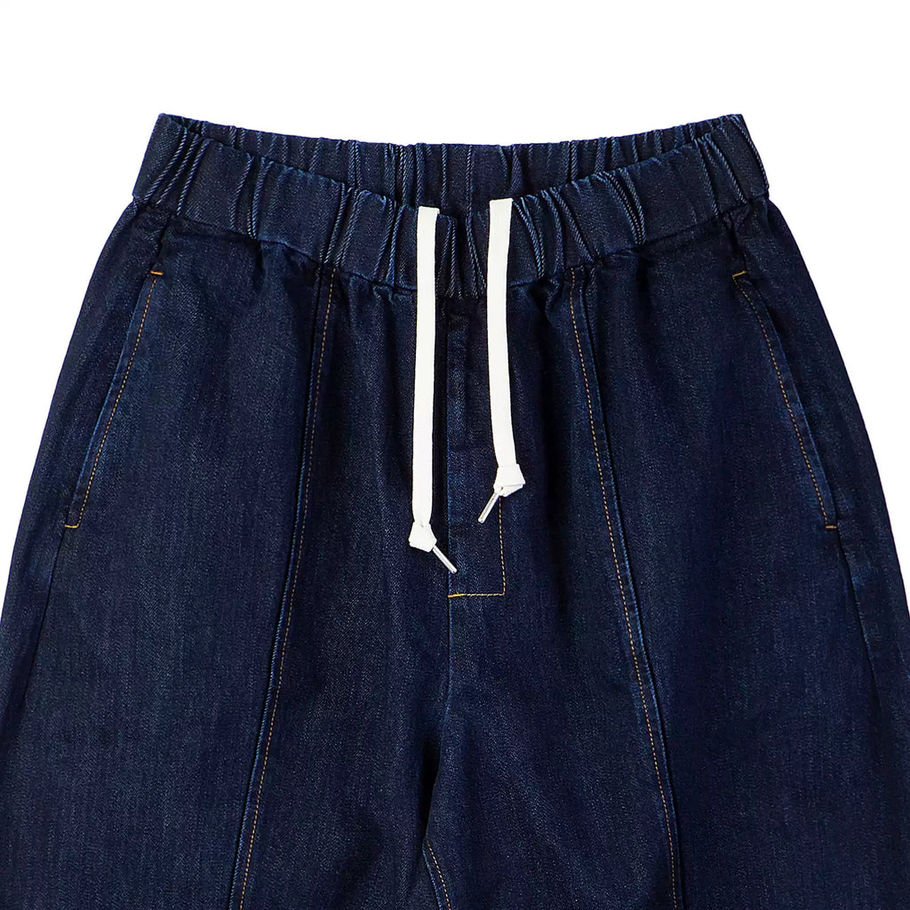 IDLT drawstring jeans, dark blue drawstring waistband.