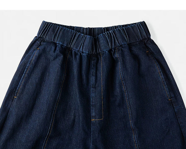 IDLT drawstring jeans, dark blue waistband and fly seam.