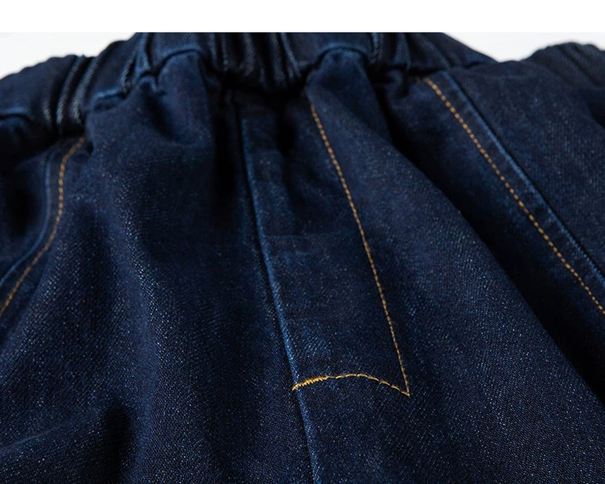 IDLT drawstring jeans, dark blue fly stitching.