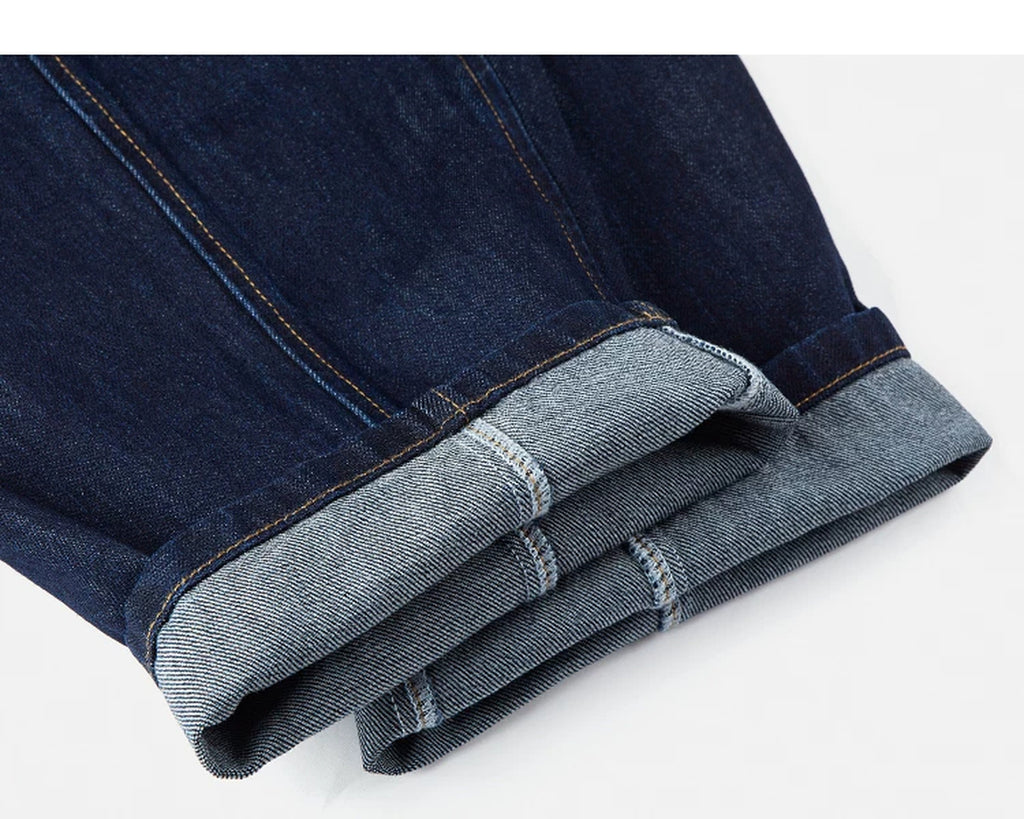 IDLT drawstring jeans, dark blue rolled hems.