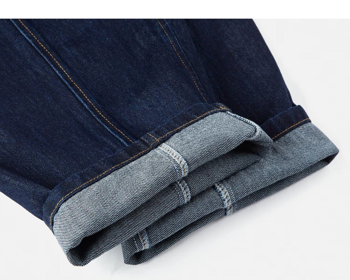 IDLT drawstring jeans, dark blue rolled hems.