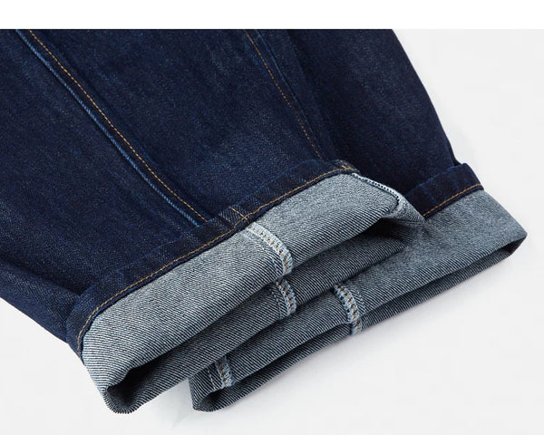 IDLT drawstring jeans, dark blue rolled hems.