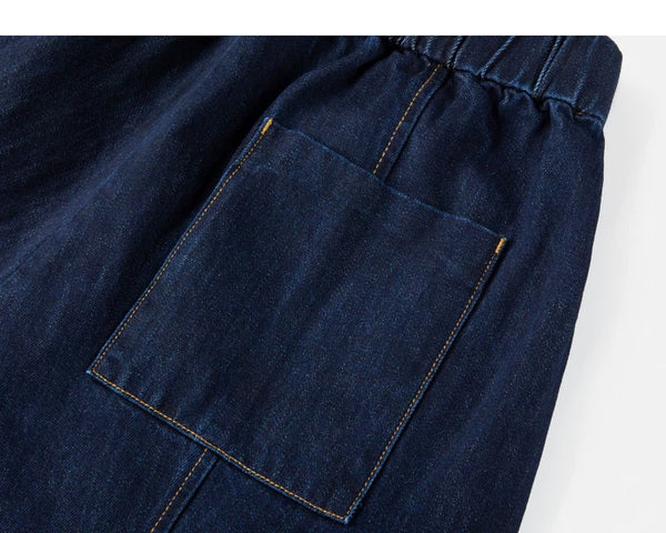 IDLT drawstring jeans, dark blue back pocket.