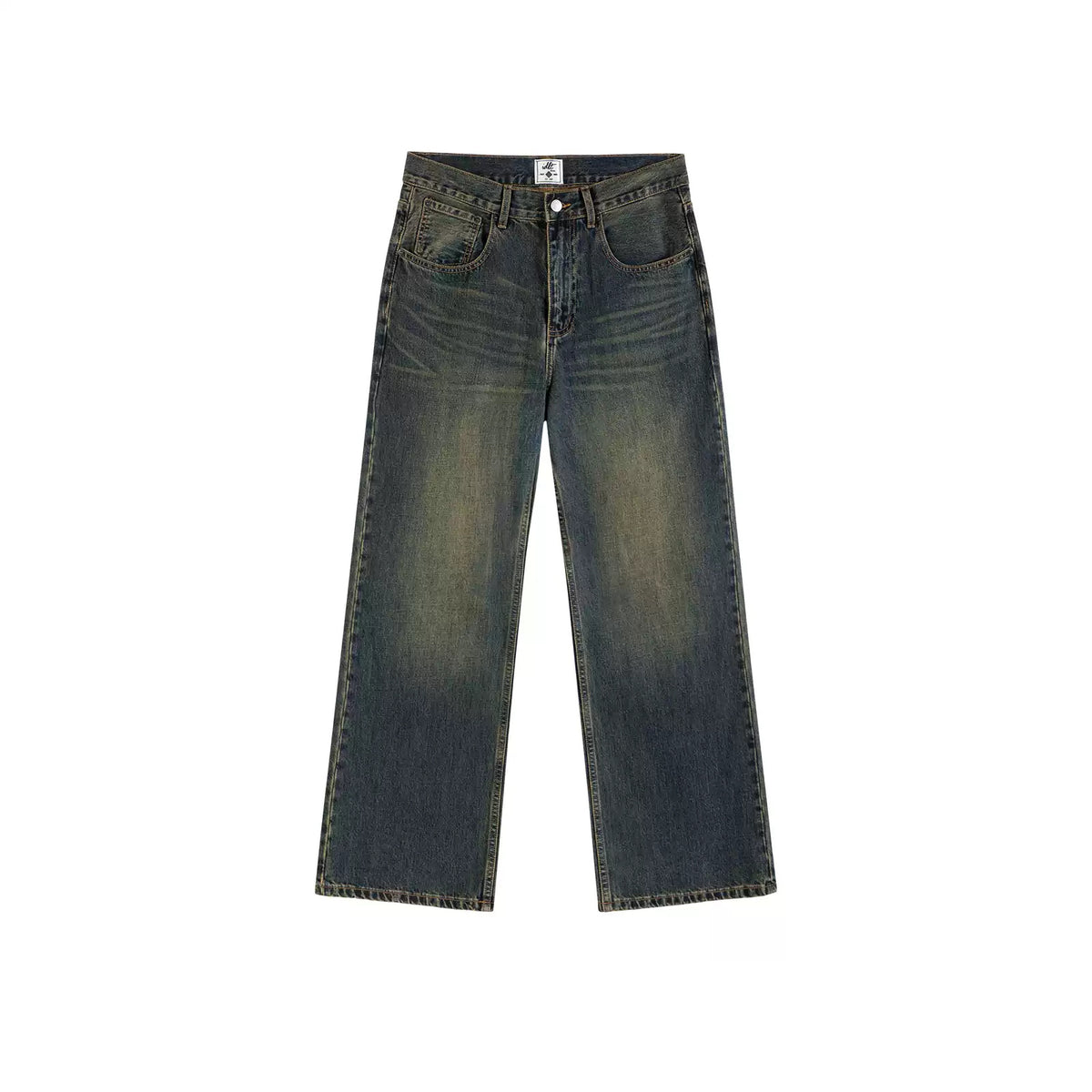 IDLT jeans, dark washed front.
