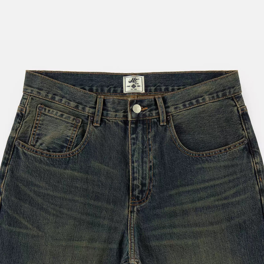 IDLT jeans, dark washed waistband overview.