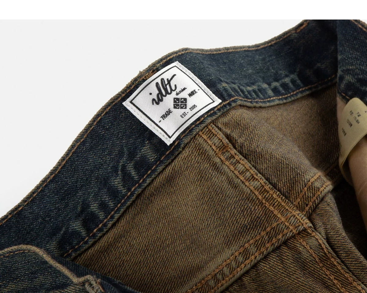 IDLT jeans, dark washed inner label.